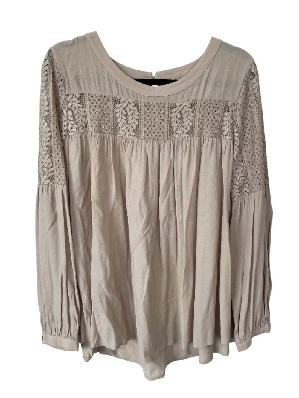 Mystree Peasant Blouse Large Long Sleeve Lace Inset Keyhole Back Beige Boho Chic